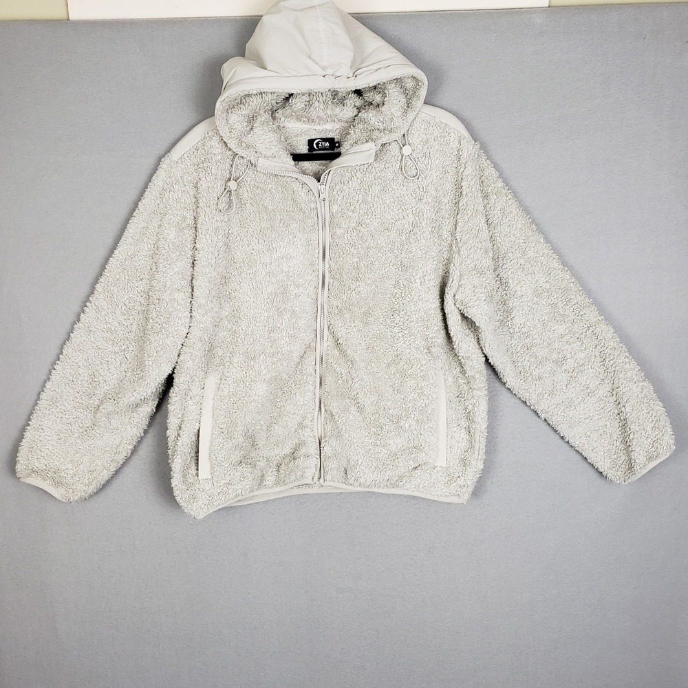 Zyia Size M Full Zip‎ Sherpa Hoodie Jacket Light Gray Soft Cozy Fuzzy Athleisure